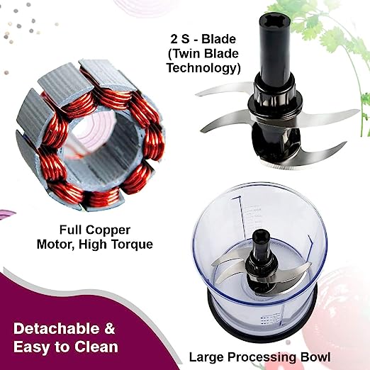 INALSA Electric Chopper Bullet Inox- 450 Watts with 2 Speed Option |100% Pure Copper Motor| Chop, Mince, Puree, Dice | Twin Blade Technology| 900 ml Capacity| One Touch Operation, 1.30mtr Long Power Cord (Black/Silver) INALSA Electric Chopper Bullet Inox- 450 Watts with 2 Speed Option |100% Pure Copper Motor| Chop, Mince, Puree, Dice | Twin Blade Technology| 900 ml Capacity| One Touch Operation, 1.30mtr Long Power Cord (Black/Silver)